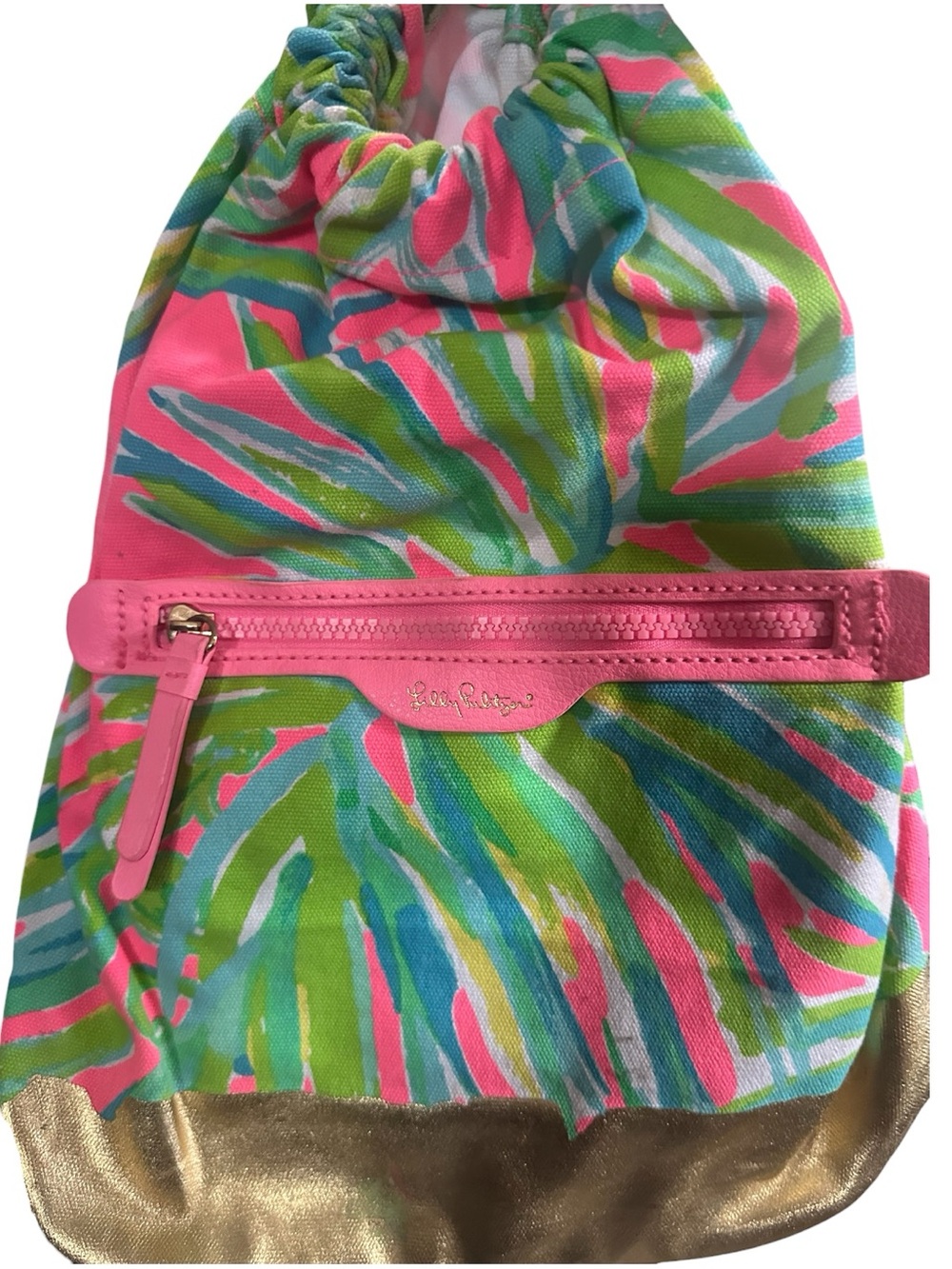 Lilly Pulitzer Tropical Print Drawstring Backpack Pink Gold NWOT